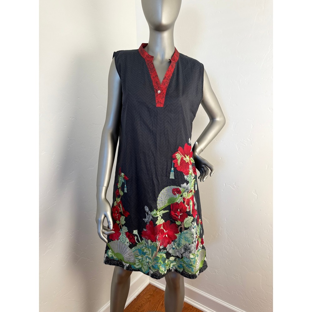 Embroidered Black Shift Dress Red Hibiscus & Fan Asian Inspired